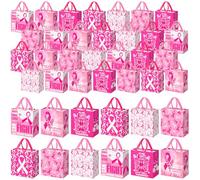 Tegeme 48 Pcs Breast Cancer Awareness Gift Bags Bulk with Handle Non Woven Pink Ribbon Breast Cancer Awareness Tote Bags Reusable for Women Party Favor Supplies Goodie Candy Snack