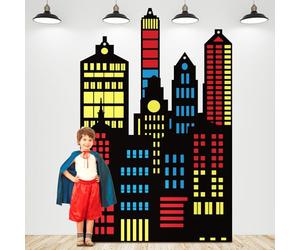 Tegeme Hero Party Decoration 3.94 x 6.56 ft Skyscraper City Backdrop Irregular Colorful Photo Background for Hero Theme Birthday Party Supplies