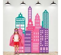 Tegeme Large Super City Skyline Backdrop New York City Skyline Skyscraper Party Decorations NYC Buildings Themed Background Cutouts Super Backdrop for Birthday Party Supplies Photo Prop(Pink)