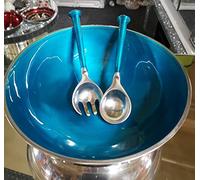 TEH Enamelled Kitchen Salad Bowl with Servers XL Hand Made Enamel Aluminium, Zing Striped, Rainbow Funky Multicoloured Red, Lime Green, Blue, Graphite Grey, Silver (Turquoise Blue)