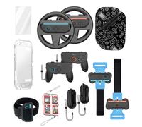 TEHAOUU Fourteen in one Pack Sport Set for Nintendo Switch 2 : Steering Wheel, Grips, Wristbands, Mouse, Crystal Case and Tempered Glass Screen Protector Set