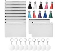 TEHAUX 10pcs Canvas Zipper Sublimation Makeup Bags Set with Heat Transfer Pencil Cases, Round Acrylic Discs, Keyrings and Tassels for DIY Cosmetic Storage and Travel Toiletry Organizer