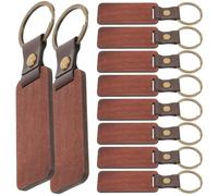 TEHAUX 10pcs Leather Keychain with Beech Wood Blanks, Blank Carving Keyrings for DIY Crafting, Unfinished Wooden Key Charm Set for Key Holders and Accessories