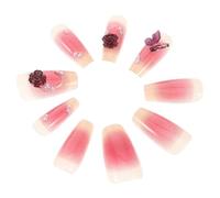 TEHAUX 24pcs Red Almond Press on Nails with Butterfly, Camellia Flower and Pearl Charms, Chic Ballet Shape, Pvc Material, Simple Application for Manicure and Home Use in Fall