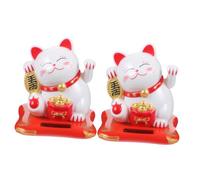 TEHAUX 2pcs Solar Powered Lucky Cat Waving Arm Figurine White Feng Shui Ornament for Car Home Office Desk Decor Cute Maneki Neko Mascot Bringing Wealth and Fortune