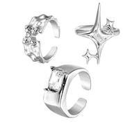 TEHAUX 3 Pieces Open Silver Rings Set for Women and Teen, Hollow Radiant Design, Adjustable Statement Rings with Shiny Crystal Accents, Minimalist Aesthetic Jewelry for Daily Wear