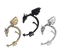 TEHAUX 3Pcs Gothic Punk Flying Dragon Ear Cuff Earrings Set, Non-Pierced Ear Clips in Antique Bronze, Silver, and Black for Nightclub and Party Wear