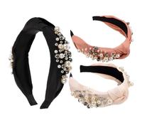 TEHAUX 3pcs Pearl Knotted Hairbands Wide Headbands Set in Black, Light Pink, and Soft Gold - Beaded Hair Hoops for Women, Classic Hair Accessories for Festival and Everyday Wear