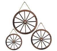 TEHAUX 3Pcs Rustic Wooden Wagon Wheel Wall Hanging Decor Poplar Wood Retro Round Cartwheel Pendant for Garden Backyard Patio Vintage Decorative Ornament