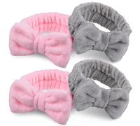 TEHAUX 4 Pcs Spa Headbands Face Wash Headwraps with Bowknot, Soft Elastic Skincare Headbands for Women, Makeup and Sports Facial Hairbands in Grey and Pink