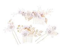 TEHAUX 4pcs Bridal Hair Accessories Set Gold Leaf Flower Hair Comb and Pins White for Wedding Romantic Bride Headdress Hairpins