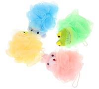 TEHAUX 4Pcs Cartoon Animal Mesh Bath Balls with Hanging Rope Soft Shower Sponge Set with Duck Frog Pink Rabbit Blue Bear Bath Accessories for Play and Foam Enjoyment