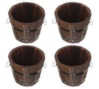 TEHAUX 4Pcs Wood Planter Pot Barrel with Iron Frame Proper Airflow Water Drainage Small Whisky Barrel Indoor Plant Pot for Home Gardening and Flower Garden Nursery Production