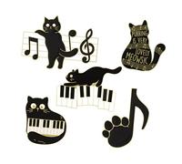 TEHAUX 5pcs Cute Black Cat Music Note Enamel Brooch Set, Cartoon Animal Pins for Backpacks and Clothing, Creative Music Cat Badge Accessories for Women
