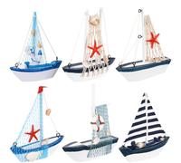 TEHAUX 6 Pcs Mini Sailboat Decor, Wooden Miniature Sailing Boat Model with Seashell & Star fish, Vintage Mediterranean Beach Theme Ornament for Desk & Party Favours Dollhouse Decor (13cm)