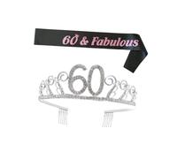 TEHAUX 60Th Birthday Rhinestone Crown Hair Comb and Crystal Party Sash Set, Elegant Number 60 Tiara Head Accessory with Decorative Etiquette Belt for Birthday Celebration
