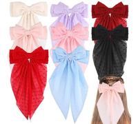 TEHAUX 8 Pcs Hair Clips Bows Set for Women and Oversized Long Tail Bow Hair Accessories Multi-Color Polka Dot and Solid for Teen