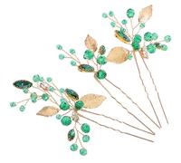 TEHAUX Bridal Hair Pins Crystal Rhinestone Emerald Green Gold Leaf U Shaped Hair Accessories for Wedding Bride Updo and Banquets 3 Pcs