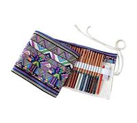 TEHAUX Canvas Pencil Case Bag National Style Pen Wrap for Art Supplies Roll-up Design for Colored Pencils Brushes Stationery for Students Artists