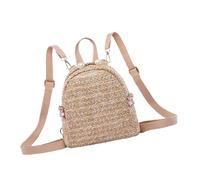 TEHAUX Ladies Mini Woven Pearl Backpack, Deep Khaki Straw Weaving Chic Outdoor Leisure Travel Bag for Women