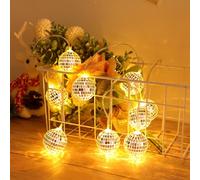 TEHAUX Led Disco Ball String Lights, 6FT Battery-Powered Hanging Glass Mirror Ball Lights String for Parties, Patios, Gardens, Bedrooms (Battery Not Included) Silver