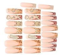 TEHAUX Press on Nails Set for Women with Leopard Print and Gold Bow Design, Long Coffin Shape, French Tip Style, Easy Stick on Process, for Parties and Special Events, 1 Color