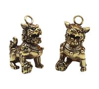 TEHAUX Pure Copper Lion Sculpture Ornaments 2pcs in Golden Colour, Creative Mini Kirin Decorations with Chinese Style for Household Decoration or Gift
