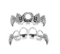 TEHAUX Silver Vampire Fang Style Teeth Grill Caps with Hollow Copper Rhinestone Design, Easy Installation for Party and Cosplay Gatherings, Hip Hop Tooth Jewelry