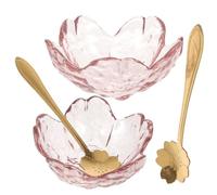 TEHAUX Small Sakura Glass Bowls 2pcs with Gold Flower Spoons, Spa Oil Mixing and Aroma Essential Oil Bowls for Facial Estheticians and Beauty Salon Use