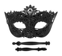 TEHAUX Women Black Lace with Handheld Stick, Breathable Cloth Plastic Material, Unique Western Style Design for Halloween Masquerade Party and Other Parties