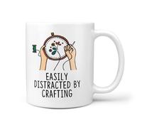 TeHeGifts Easily Distracted by Crafting Mug - Funny Coffee Cup Gift for Crafters, Makers & DIY Hobby Lovers
