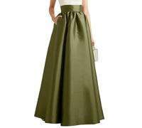 TEidea Satin Skirt Women's Autumn Silk Maxi Dress, High Waist A-Line Cut, Vintage Elegance, Casual Tunic Style-Green-L