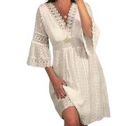 TEidea Women Dresses Women'S White Lace Dress For Fashionable Beach Parties With Flared Sleeves And Hollow Details-A-Xxl