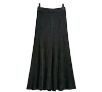 TEidea Women'S Skirts Autumn And Winter Knitted A-Line Women'S Skirts, Solid Color Pleated Long Skirt, High-Waisted Midi Skirt-Black-M