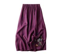 TEidea Women'S Skirts Embroidered Black Cotton And Linen Women'S Skirts, Loose Elastic Belt A-Line Midi Skirts-Purple-L