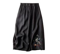 TEidea Women'S Skirts Embroidered Black Cotton And Linen Women'S Skirts, Loose Elastic Belt A-Line Midi Skirts-Black-M