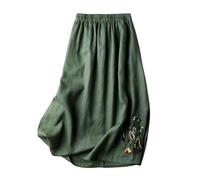 TEidea Women'S Skirts Embroidered Black Cotton And Linen Women'S Skirts, Loose Elastic Belt A-Line Midi Skirts-Green-M
