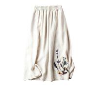 TEidea Women'S Skirts Embroidered Black Cotton And Linen Women'S Skirts, Loose Elastic Belt A-Line Midi Skirts-Apricot-S