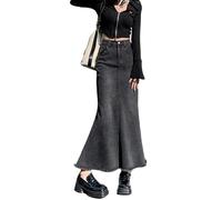 TEidea Women'S Skirts Retro High-Waisted Long Denim Skirt For Women,Loose Style For Fall And Winter,With Tassels And Pockets-Blackgray-Xs