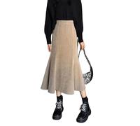 TEidea Women'S Skirts Women'S Skirts Corduroy Long Mermaid Skirt - High Waist, Ruffles, Elastic Back, Black Midi Skirt-Khaki-S