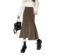 TEidea Women'S Skirts Women'S Skirts Corduroy Long Mermaid Skirt - High Waist, Ruffles, Elastic Back, Black Midi Skirt-Coffee-M