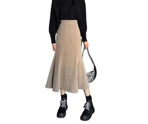 TEidea Women'S Skirts Women'S Skirts Corduroy Long Mermaid Skirt - High Waist, Ruffles, Elastic Back, Black Midi Skirt