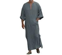 Teiler Men's Casual Fashion Shirt Muslim Cotton Linen V-Neck Long Sleeve Robe Jacket Half Sleeve Shirts Men, gray, S