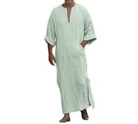 Teiler Men's Casual Fashion Shirt Muslim Cotton Linen V-Neck Long Sleeve Robe Jacket Half Sleeve Shirts Men, Green, 4XL