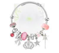 Teilwenl Witch Charm Bracelet with Witch and Princess Theme, Silver Cable Bangle, Green and Silver Beads, Heart Key Charms, Friendship Bracelet for Fans, One Size, Glass, Opal