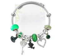 Teilwenl Witch Charm Bracelet with Witch and Princess Theme, Silver Cable Bangle, Green and Silver Beads, Heart Key Charms, Friendship Bracelet for Fans, One Size, Glass, Opal