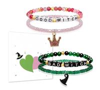Teilwenl Witch Friendship Bracelets Set with Crown Charm and Witch Hat Charm, Pink and Green Beaded Bracelets, Witch Gifts for Fans