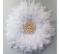 Teinopalpus Feather Wall Art for Living Room/Bedroom/Office Handcrafted Feather JUJU HAT Decoration Cowrie Shells with African Design,White 18" in