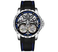 TEINTOP Men's Skeleton Automatic Mechanical Watch with Dual Balance Wheels (Silver Blue)