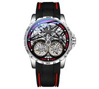 TEINTOP Men's Skeleton Automatic Mechanical Watch with Dual Balance Wheels (Silver Red)